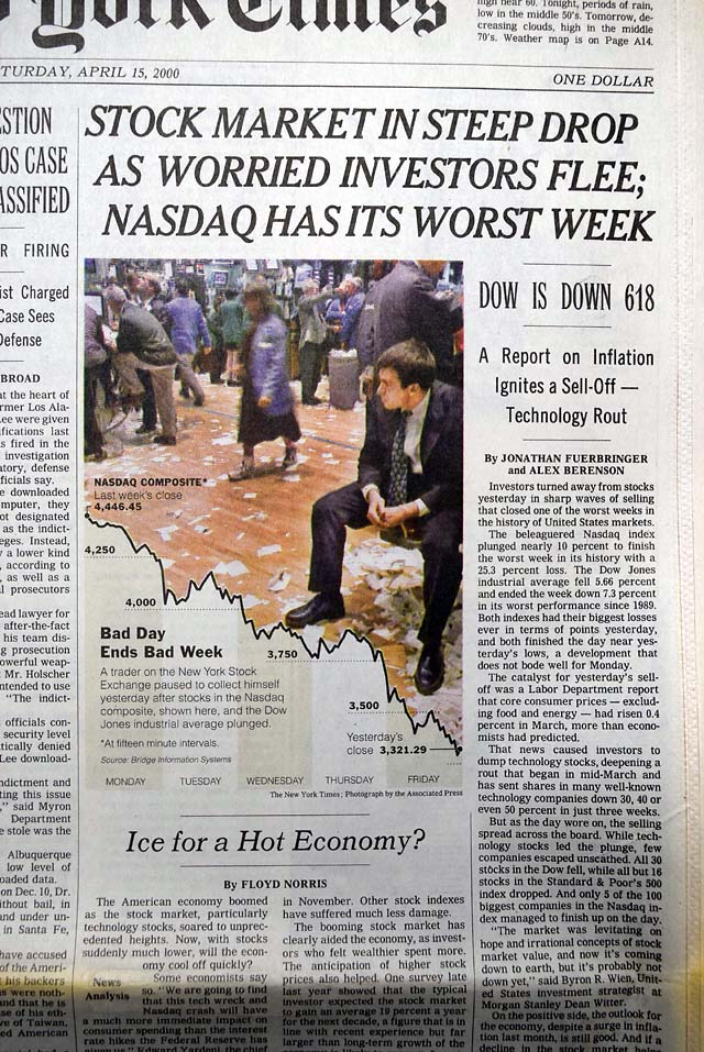 The "pop" of the dot.com bubble in April, 2000...