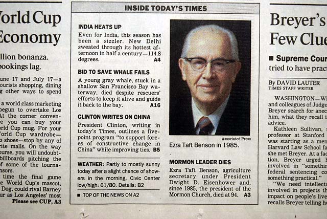 Death of Mormon president-prophet Ezra T. Benson...