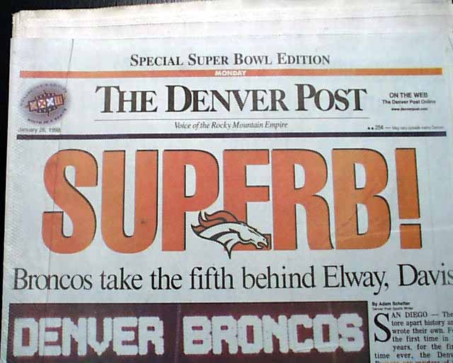 DENVER BRONCOS WIN SUPER BOWL 32 John Elway 1998 GROLIER STORY OF AMERICA  CARD