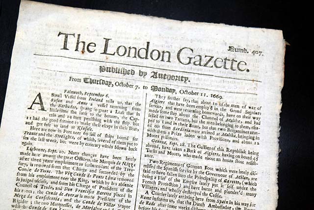 Genuine London Gazette newspaper from 1669...
