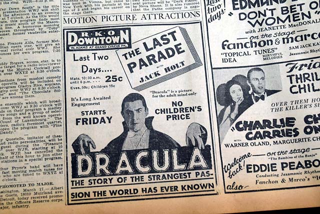 1931 Dracula film opening day review for Detroit....