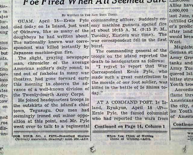 Ernie Pyle death in 1945... - RareNewspapers.com