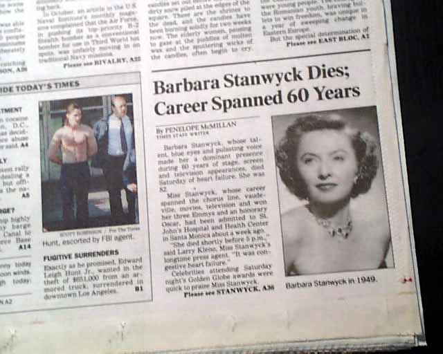 Best BARBARA STANWYCK Hollywood Movie Film Actress & Model DEATH 1990