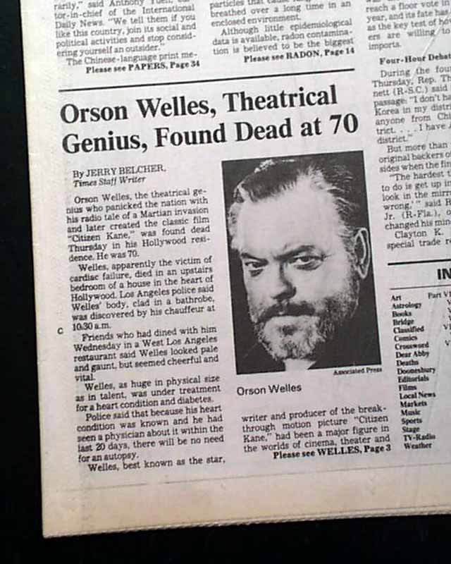 Death of movie great Orson Welles... - RareNewspapers.com