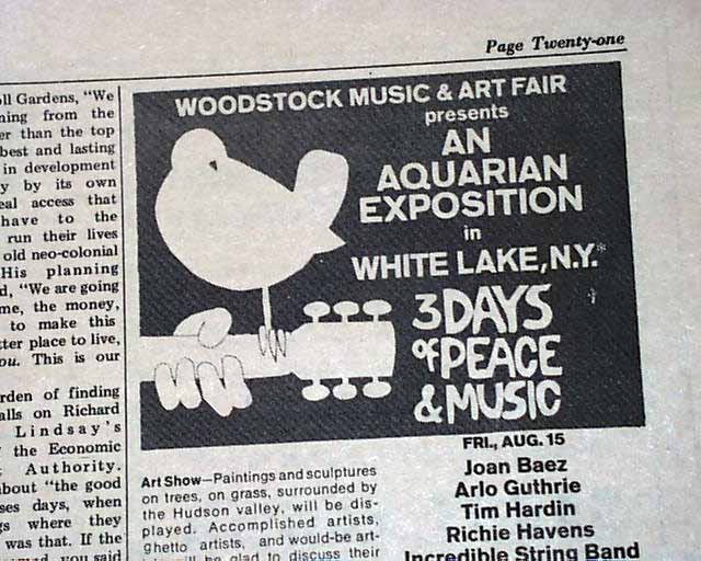 Rare advertisement for the Woodstock Music Festival, and in the Village ...