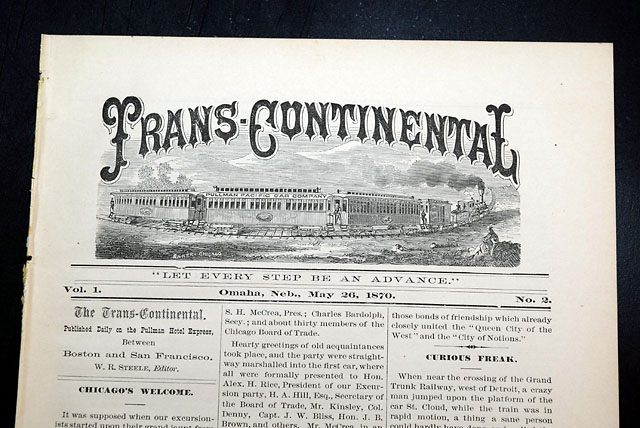Rare newspaper printed on board a 1870 transcontinental train...