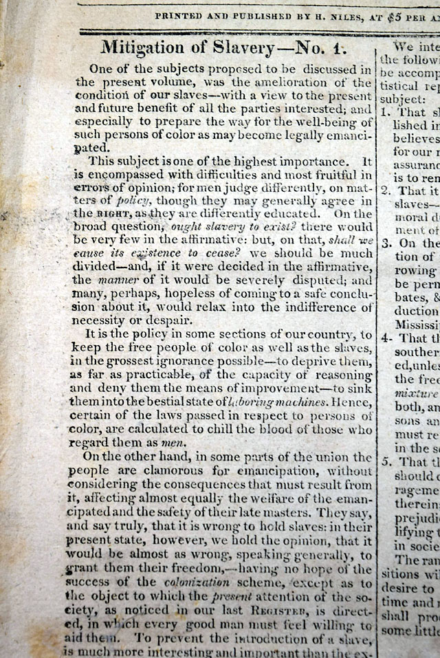Niles' essays on the "Mitigation of Slavery"...