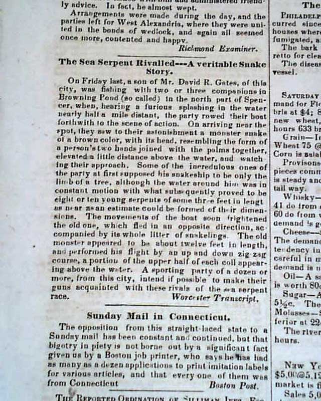 1853 Browning Pond, Spencer, Massachusetts sea serpent ...