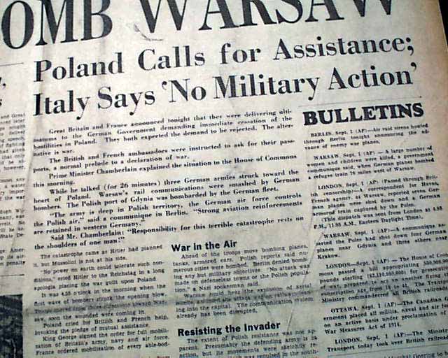 Germany attacks Poland: World War II begins... - RareNewspapers.com