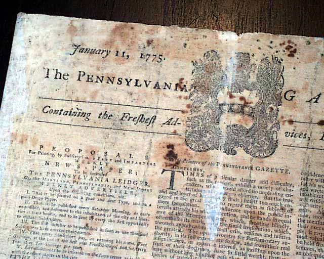 THE PENNSYLVANIA GAZETTE, Philadelphia, Jan. 11, 1775 &nbsp;*...