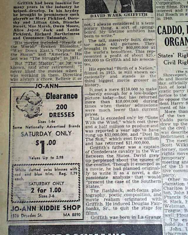 D.W. Griffith death in 1948....