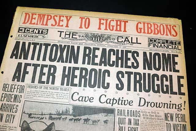 Terrific report & headline on the original serum run to Nome, Alaska...