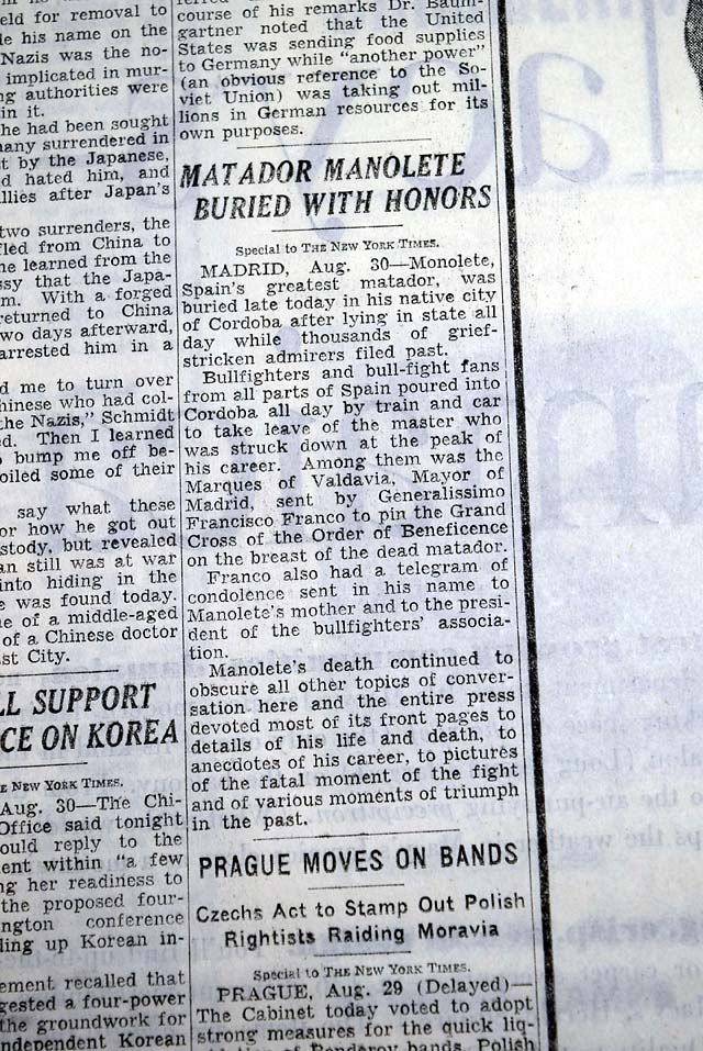 Bullfighter Manolete killed in 1947....