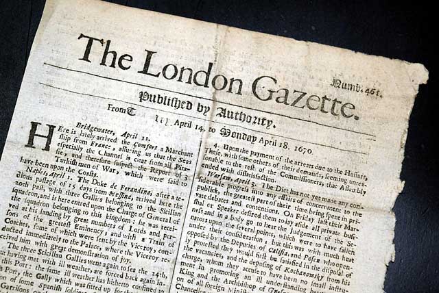 Genuine London Gazette newspaper from 1670...