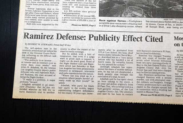 Richard Ramirez, the 'Night Stalker', in a Los Angeles newspaper...
