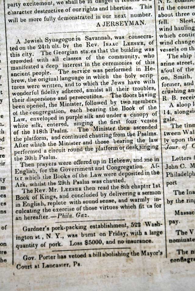 1841 Consecration of Congregation Mickve Israel...