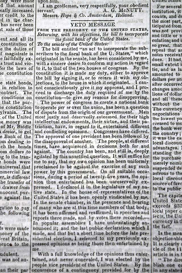 Mormons in New Jersey...   President Tyler vetoes the Bank of the U.S. bill...