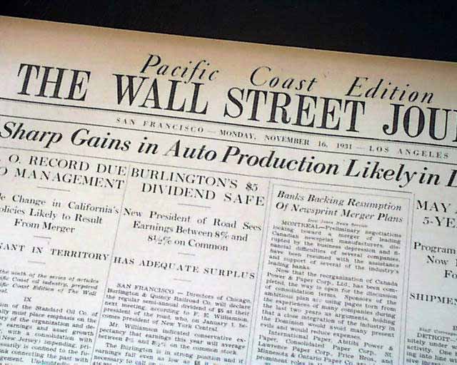 Rare Original 1932 Wall Street Journal printed at depths of the GREAT DEPRESSION 