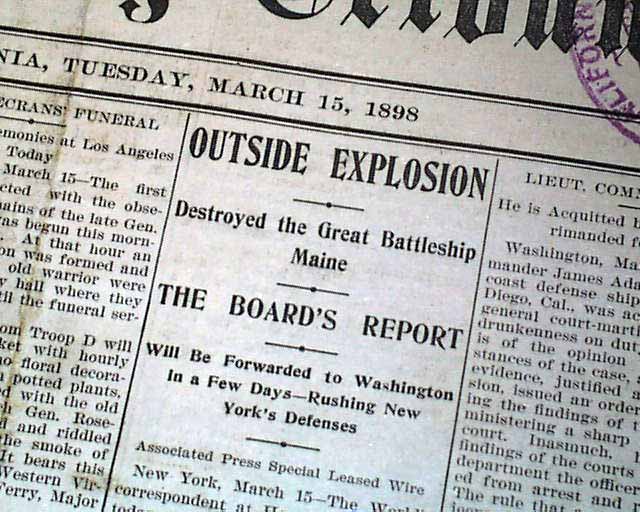 Newspaper front page about the sinking of the USS Maine on