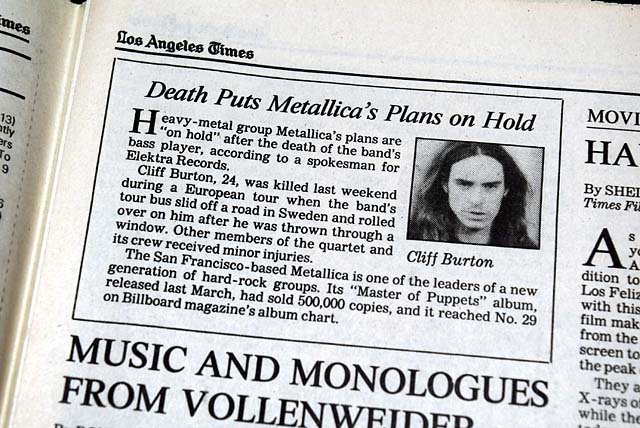 Metallica bassist Cliff Burton killed in 1986...