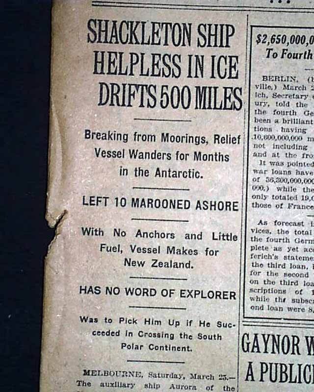Ernest Shackleton's ship "Endurance" helpless in ice