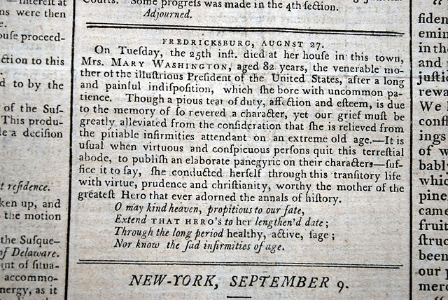 Death of George Washington's mother...  Debating where the permanent Capital should be...