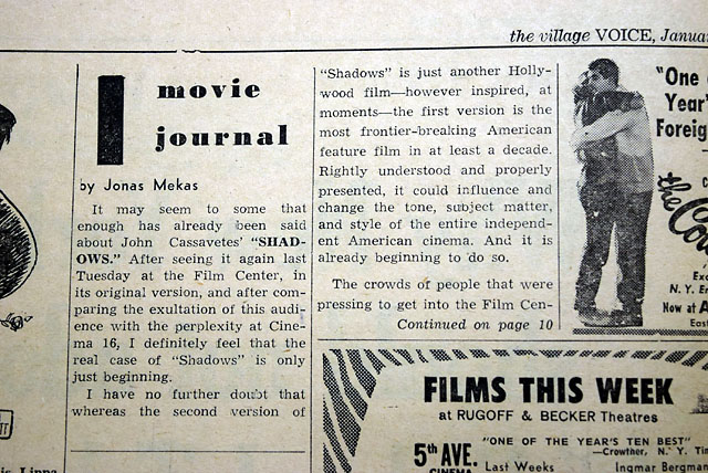 Jonas Mekas’s review of John Cassavetes, "Shadows"...