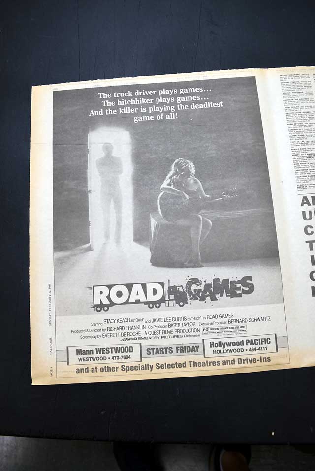 1981 opening day premiere of "Road Games" film advertisement...