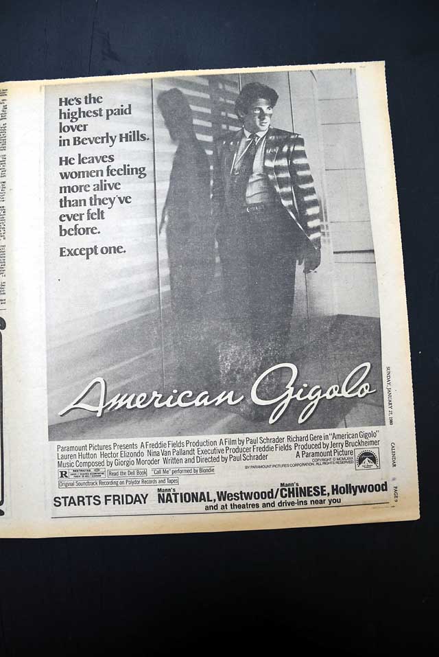 1980 opening day premiere of "American Gigolo" film advertisement...