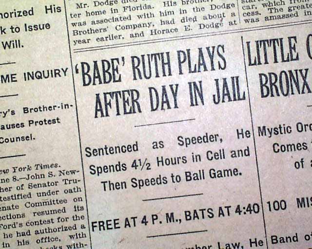 June 8, 1921: Yankees' Babe Ruth goes from jail to the ballpark