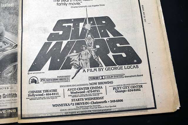 1977 opening day premiere of "Star Wars" film advertisement...