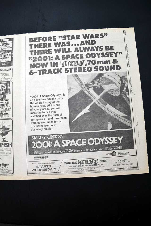 1977 re-release premiere of "2001: A Space Odyssey" film advertisement...