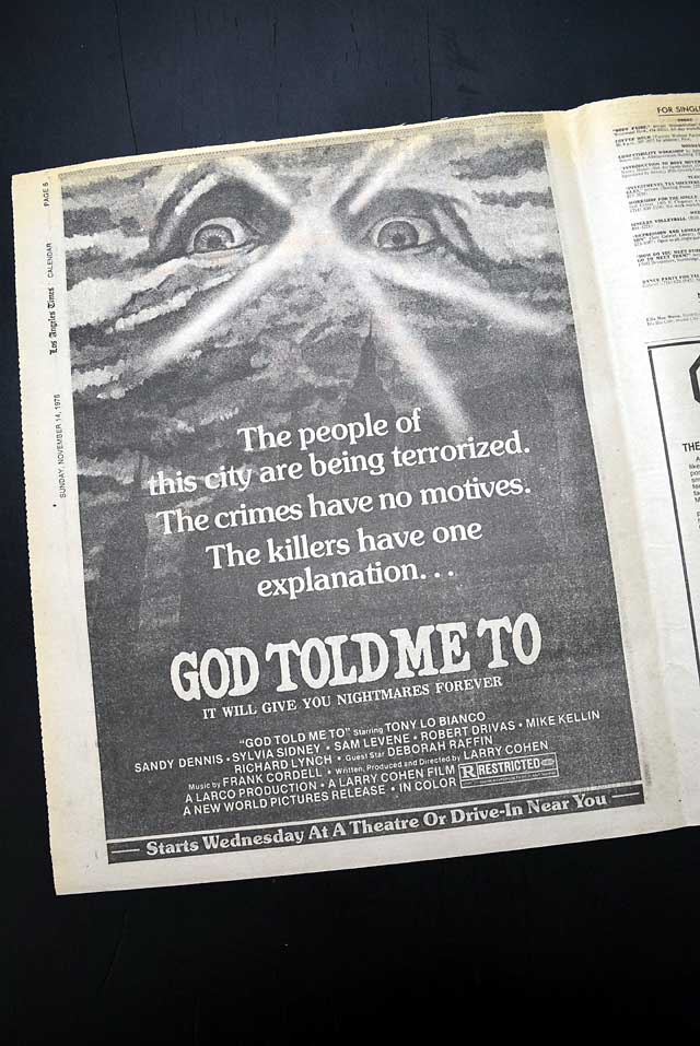1976 opening day premiere of "God Told Me To" film advertisement...