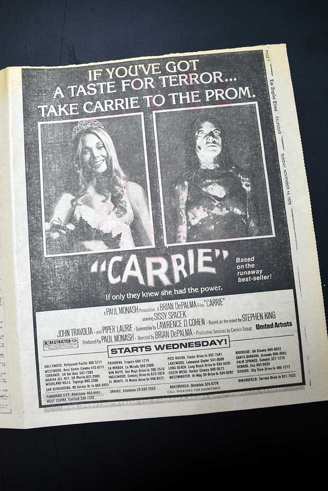 1976 opening day premiere of "Carrie" film advertisement...