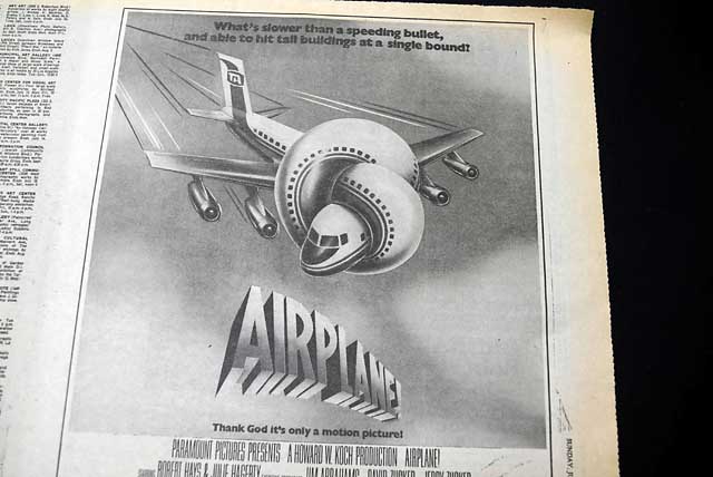 1980 opening day premiere "Airplane!" film L.A. advertisement...