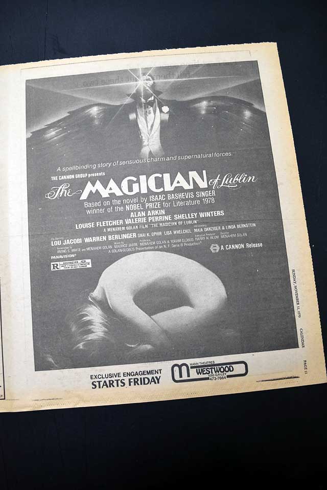 1979 premiere of "The Magician of Lublin" film L.A. advertisement...