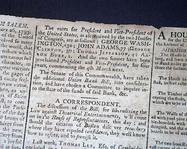 Historic PRESIDENT GEORGE WASHINGTON Johnb Adams Election Win 1793 Old ...