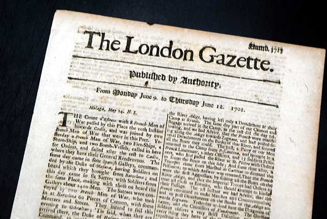 Genuine London Gazette newspaper from 1701...