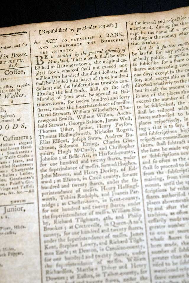 Creating the Bank of Maryland...   President Washington signs a letter...