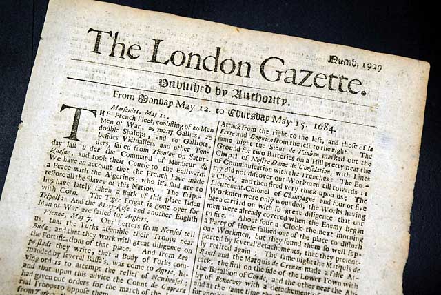 Genuine London Gazette newspaper from 1685...