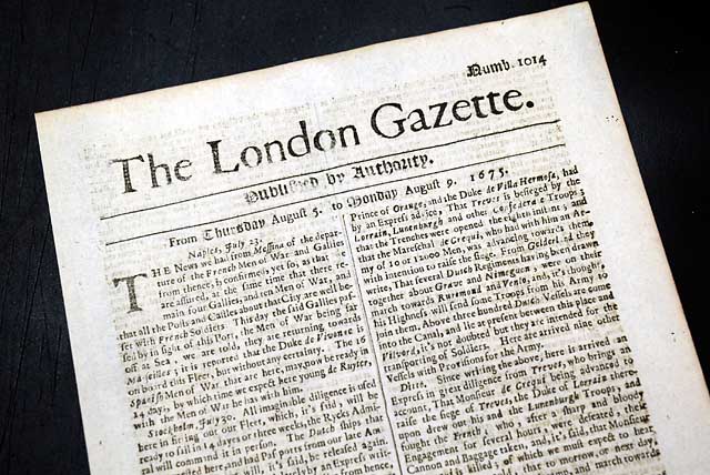 Genuine London Gazette newspaper from 1675...