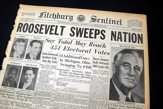 Franklin Roosevelt wins a never-to-be-equaled 4th presidential election...