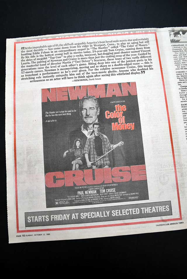 1986 opening day premiere of "The Color of Money" film L.A. advertisement...