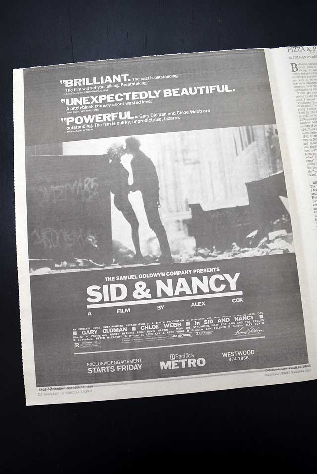 1986 opening day premiere of "Sid And Nancy" film L.A. advertisement...