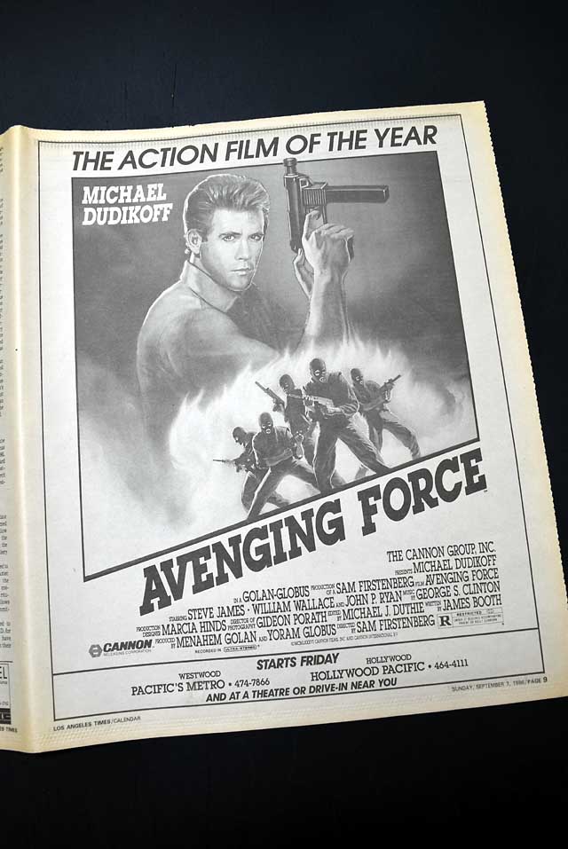 1986 opening day premiere of "Avenging Force" film advertisement...