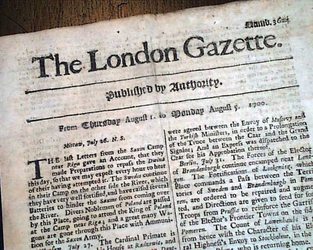 Genuine London Gazette newspaper from 1700... - RareNewspapers.com