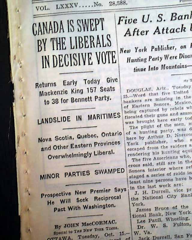 William Lyon Mackenzie King Primer Ministro De Canada Periodico Electoral Win 1935 Ebay