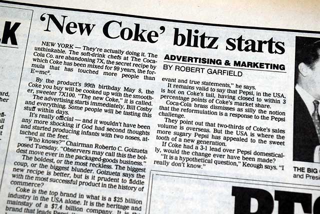 Coca Cola Co. announces "New Coke" in 1985...