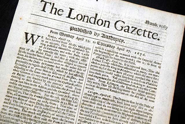 Genuine London Gazette newspaper from 1676...