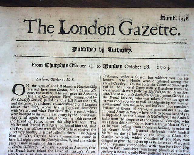 World's Oldest NEWSPAPER 1703 Gazette 302 YEARS OLD... - RareNewspapers.com